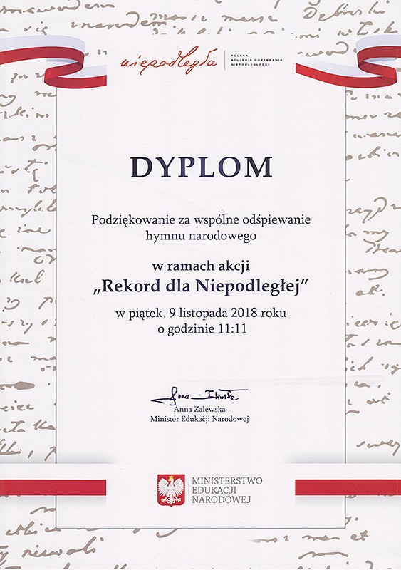 Dyplom za udział w akcji „Rekord dla Niepodległej”