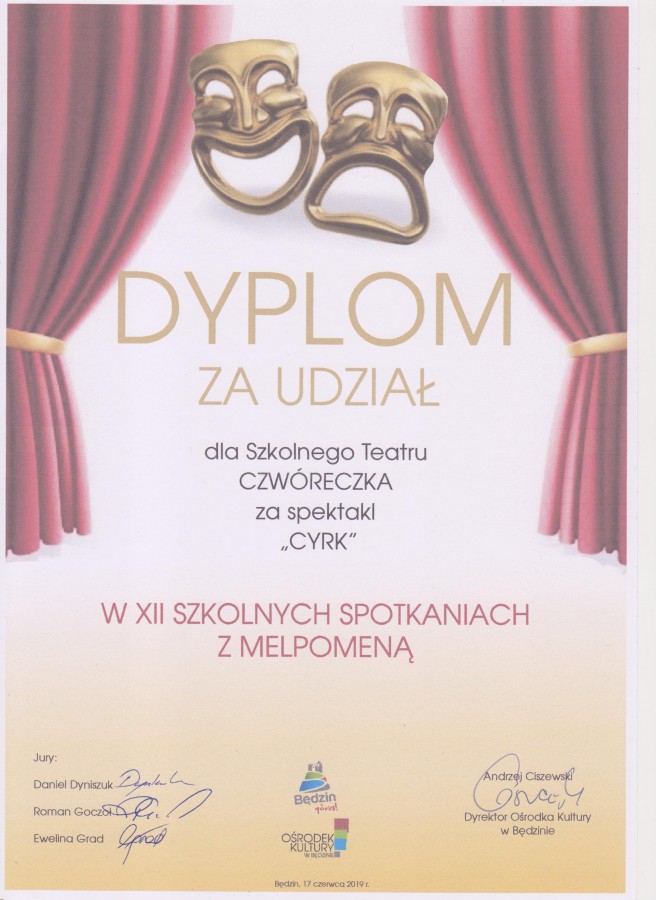 Dyplom za udział w XII Szkolnych Spotkaniach z Melpomeną