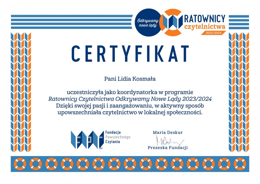 Ratownicy czytelnictwa- certyfikat