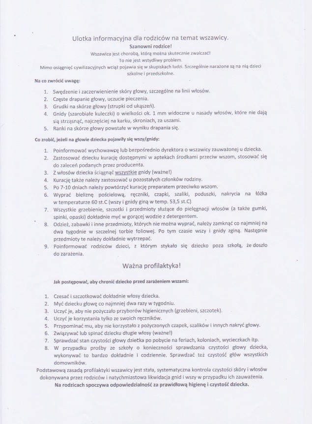 Ulotka informacyjna dla rodziców na temat wszawicy