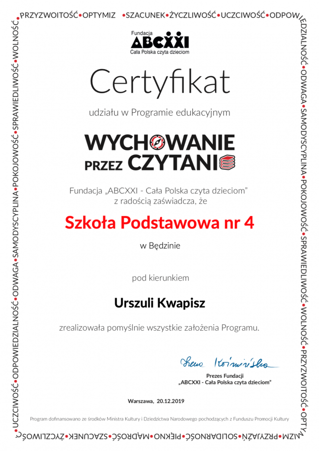 Wychowanie przez czytanie - zaświadczenie